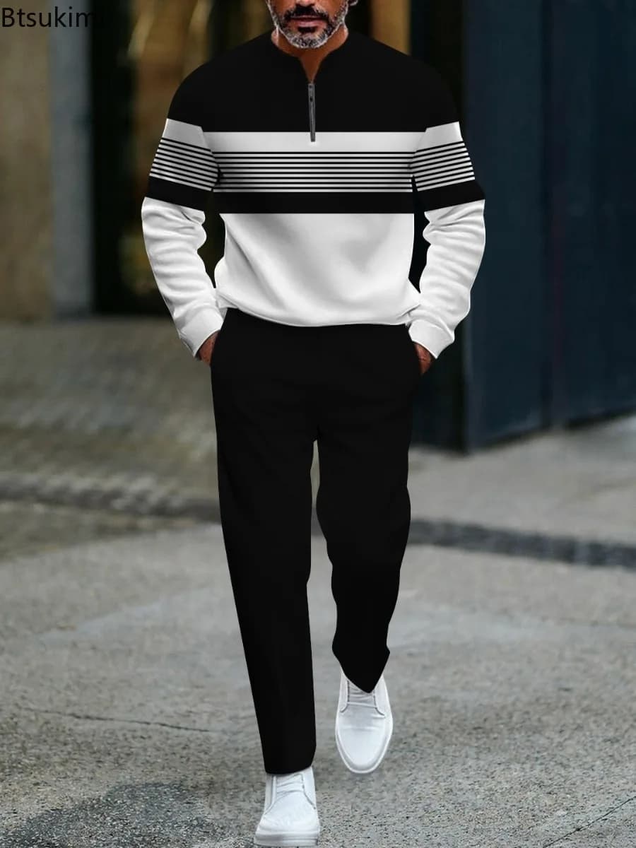 New Spring and Autumn Printed Long Sleeved Men's Pullover Suit Casual Fashionable Minimalist Sportswear Set Plus Size Male Suit