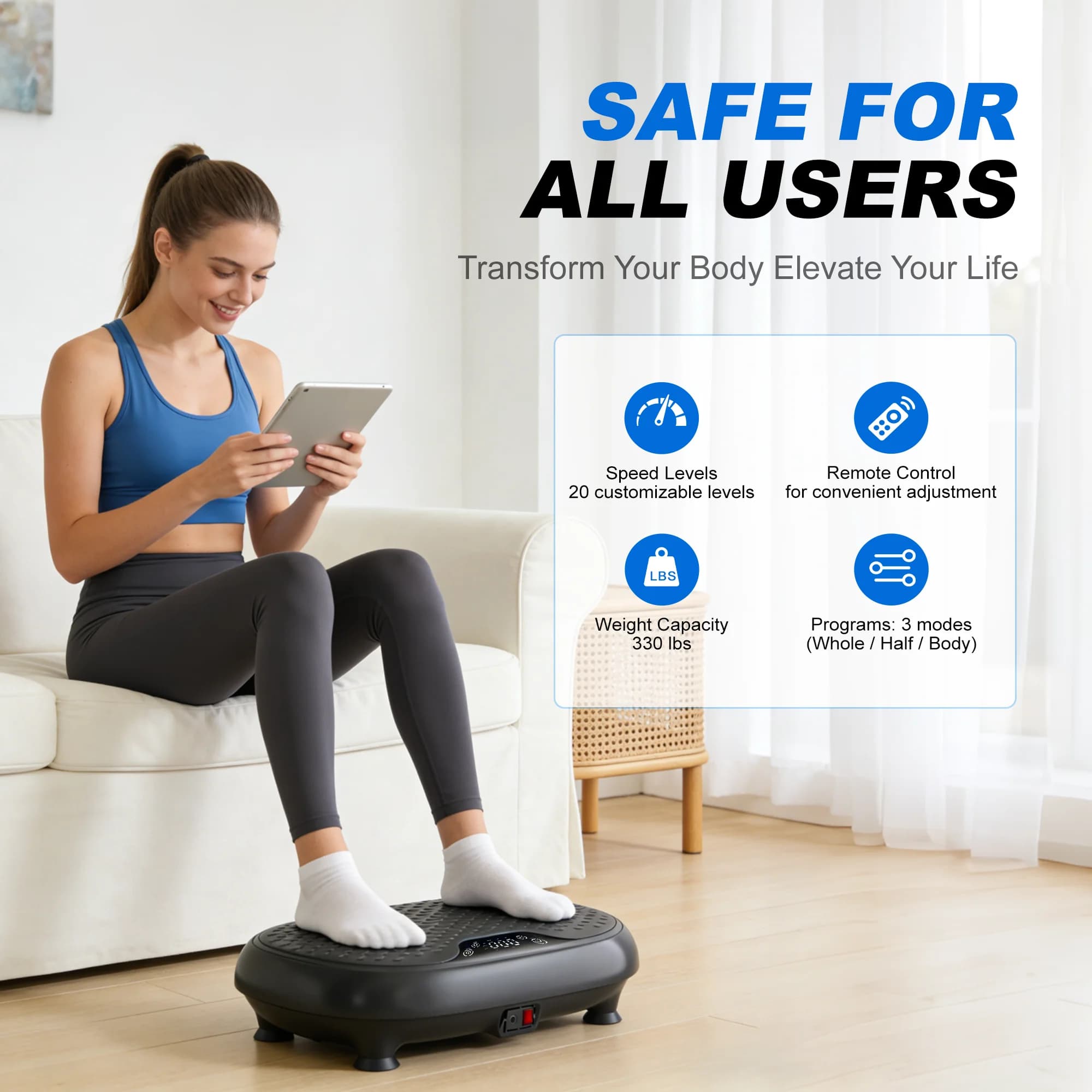 LEERCON Vibration Fitness Plate—Features 20 Speed Settings, a 330-Pound Weight Capacity, and Full-Body Vibration Support; Equipped with an LED Display for Calorie Monitoring This Is a Compact Piece of Home Fitness equipment Designed Specifically for Women