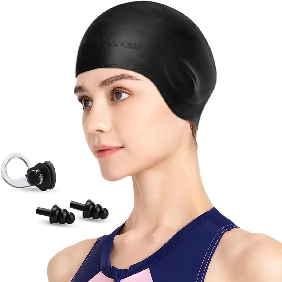 1 piece swim cap, swim cap for men and women, waterproof headphone, 1 nose clip, 2 rare caps, rare ergonomic design 3D