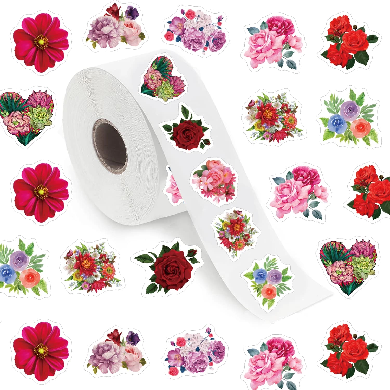 500 Adesivi Serie Fiori per San Valentino (Etichette da 1 Pollice / 10 Modelli) per Telefono, Laptop, Notebook, Valigia, Skateboard