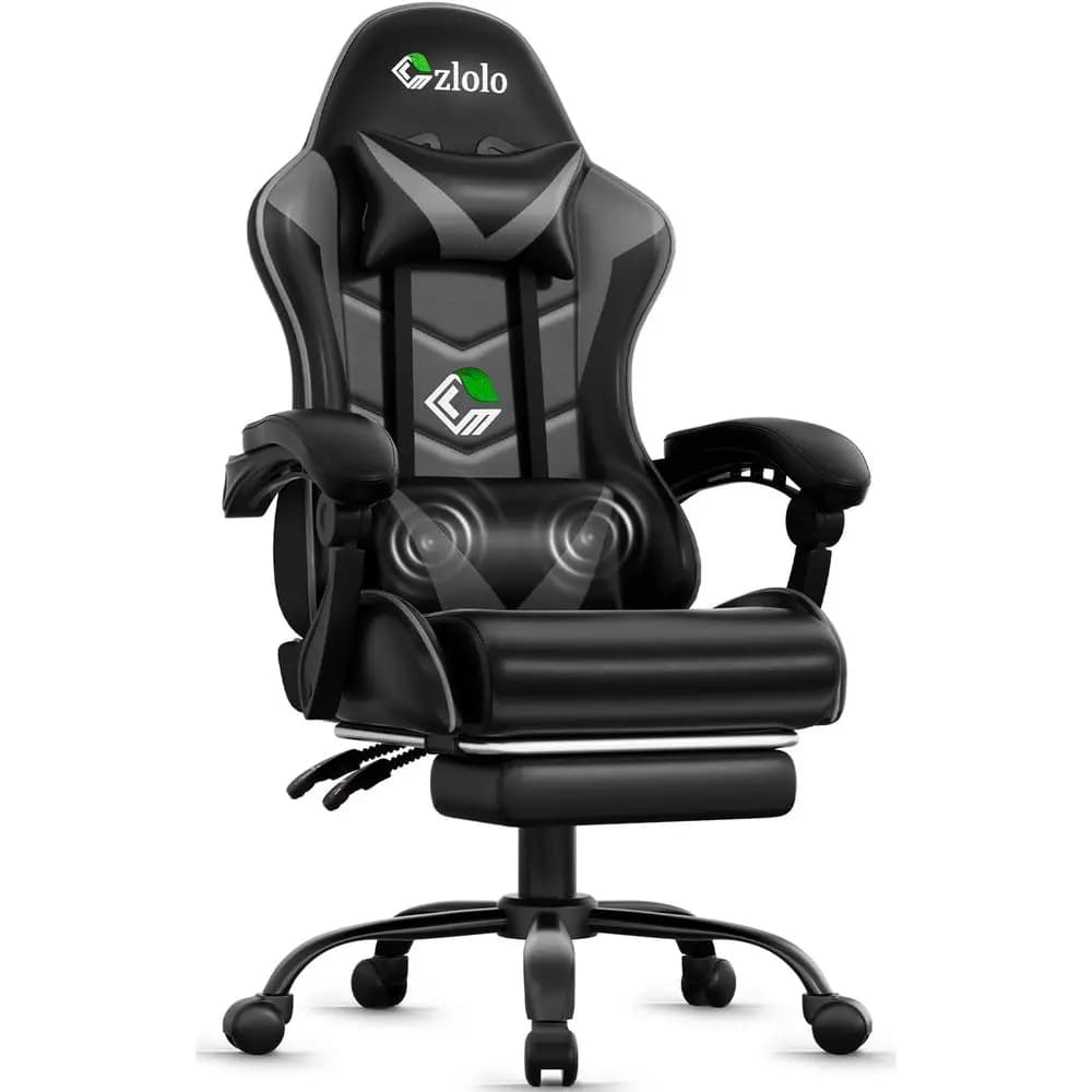 Sedia da gaming reclinabile con schienale alto, supporto lombare, massaggiatore, gambe in metallo, rotazione a 360° ° Sedia Girevole e con Poggiapiedi per Videogiochi (Grigia)