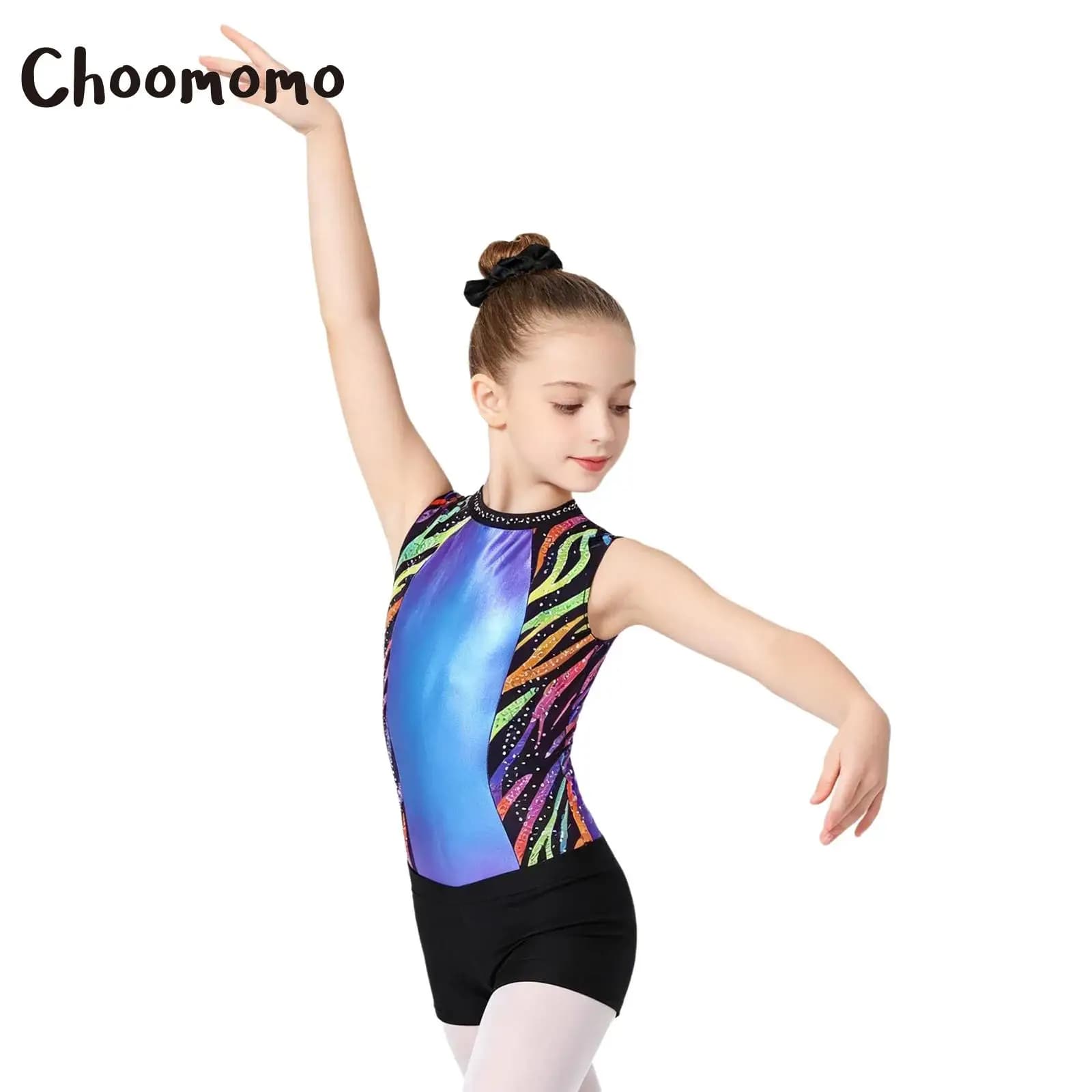 Body da Ginnastica per Bambine con Strass, Senza Maniche, Metallizzato, con Pantaloncini, per Balletto, Pattinaggio sul Ghiaccio e Ginnastica Artistica