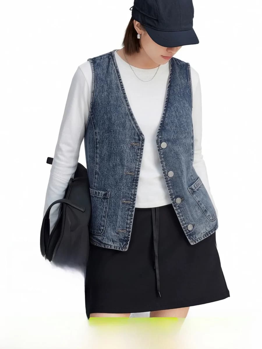 Cloud Life【Cowboy Concerto】Gilet in denim di cotone da donna, corto, con scollo a V, capospalla estivo, stile casual, traspirante e confortevole
