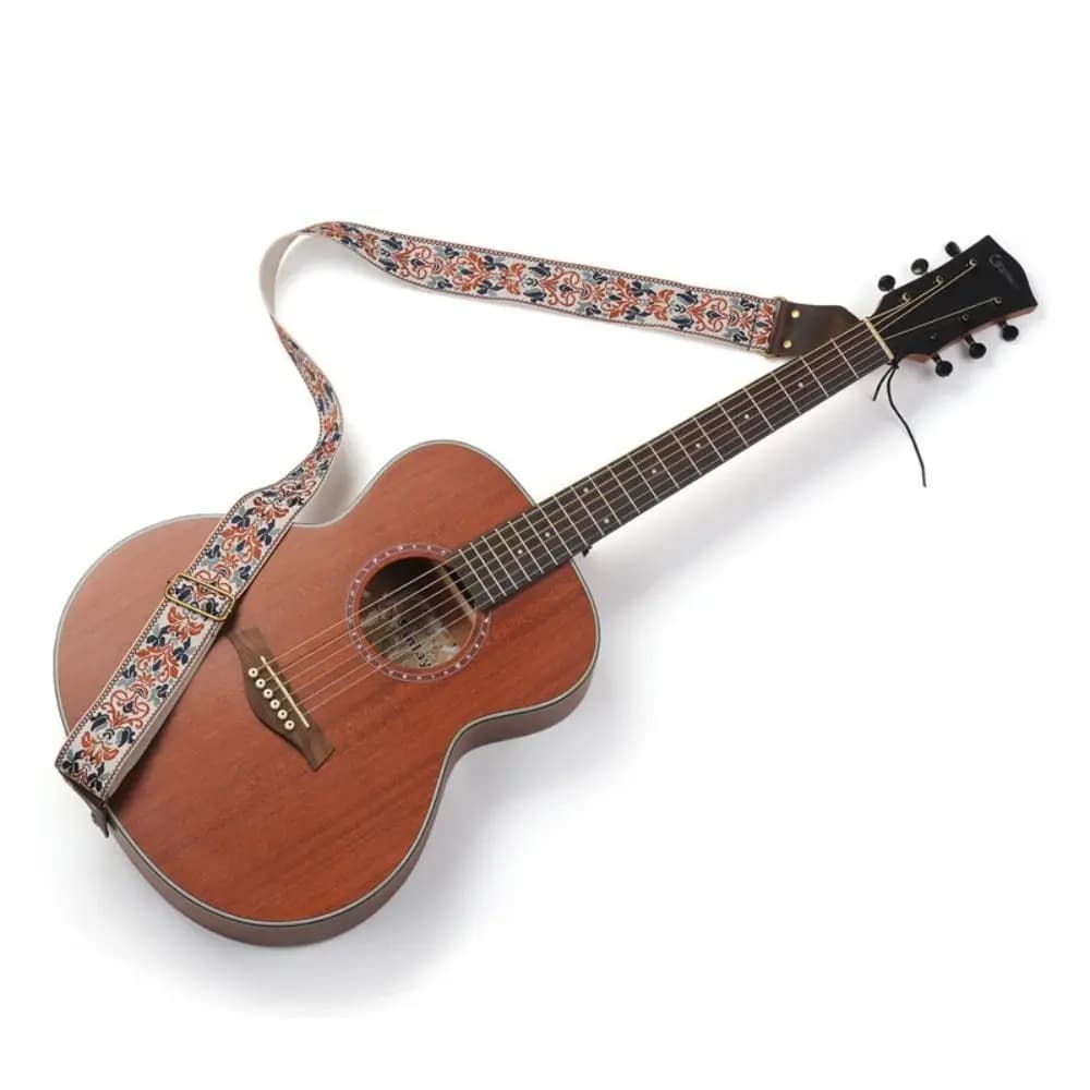 Tracolla per Chitarra Vintage con Fiori Ricamati, Chiusura a Chiodo, Cinghia in Pelle e Cotone Regolabile per Chitarra Elettrica