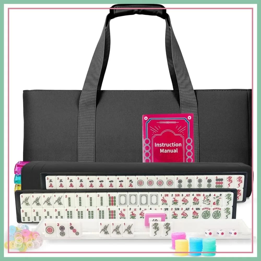 Set di 166 Tessere Mahjong Bianche con 4 Supporti, Spingitori, 3 Dadi, 100 Fiches, Istruzioni e Borsa Nera