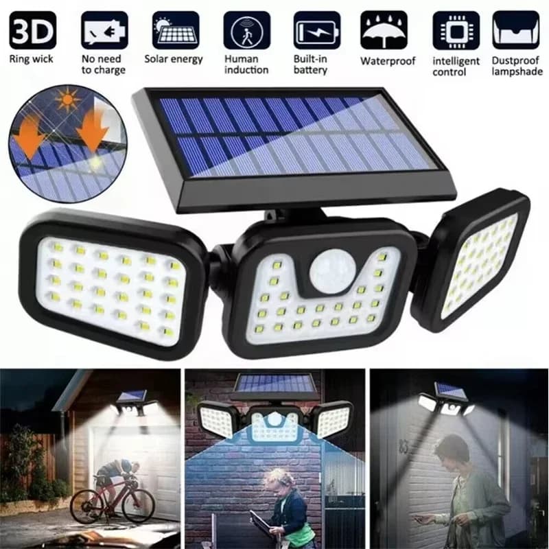 Luci Solari di Sicurezza per Esterni, 74 LED Regolabili, 3 Teste con 3 Modalità, Sensore di Movimento Wireless, Super Impermeabile, Lampada Solare da Parete