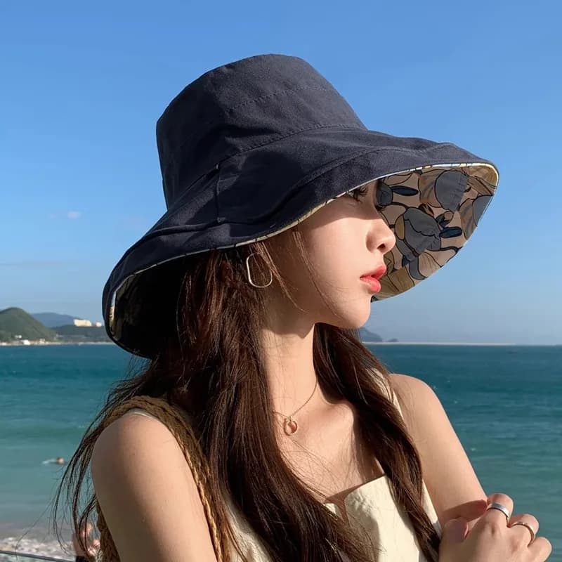 Summer Reversible Wide Brim Bucket Hat for Women, Korean Outdoor Sun Cap, Cotton Breathable UV Protection Foldable Beach Hat