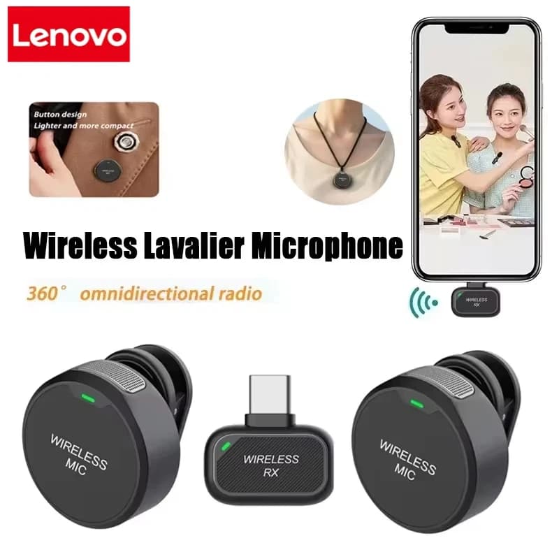 Lenovo Wireless Lavalier Microphone Outdoor Live Recording Interview Vlog Magnetic Noise Reduction Portable For iPhone Android