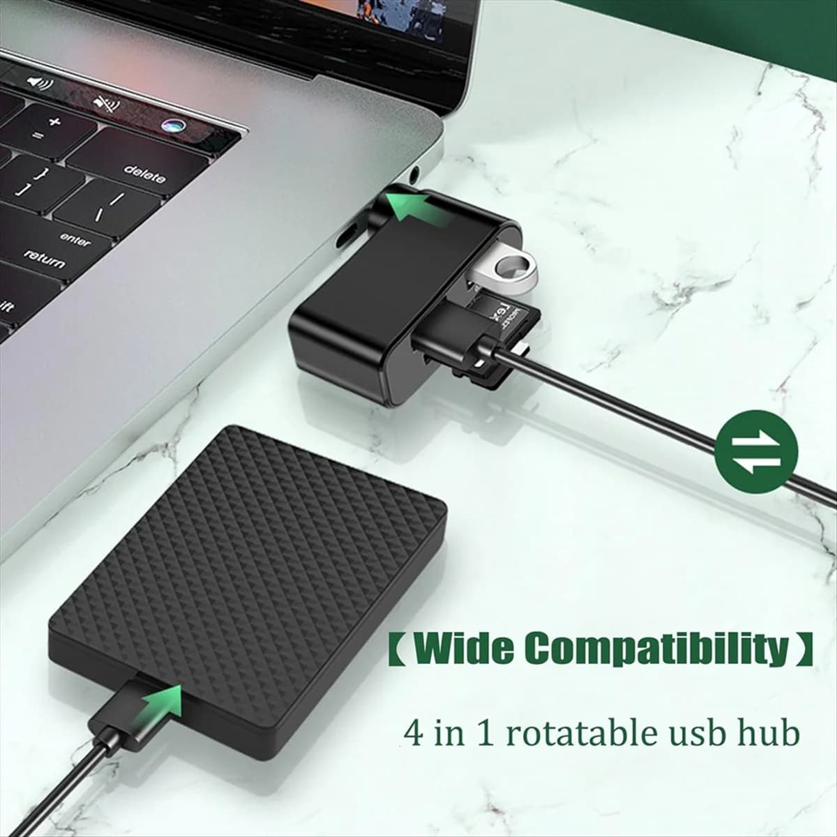 Hub USB ruotabile M85K 4 in 1, hub per laptop, hub USB portatile con rotazione di 180 gradi, docking station per hub USB (nero + bianco)