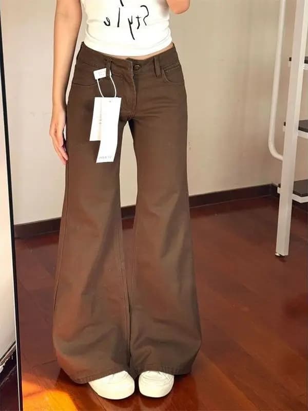 Low Waist Bell Bottom Denim Jeans Women's American Style Spicy Girl Loose Straight Leggings Pants Brown Coffee Color
