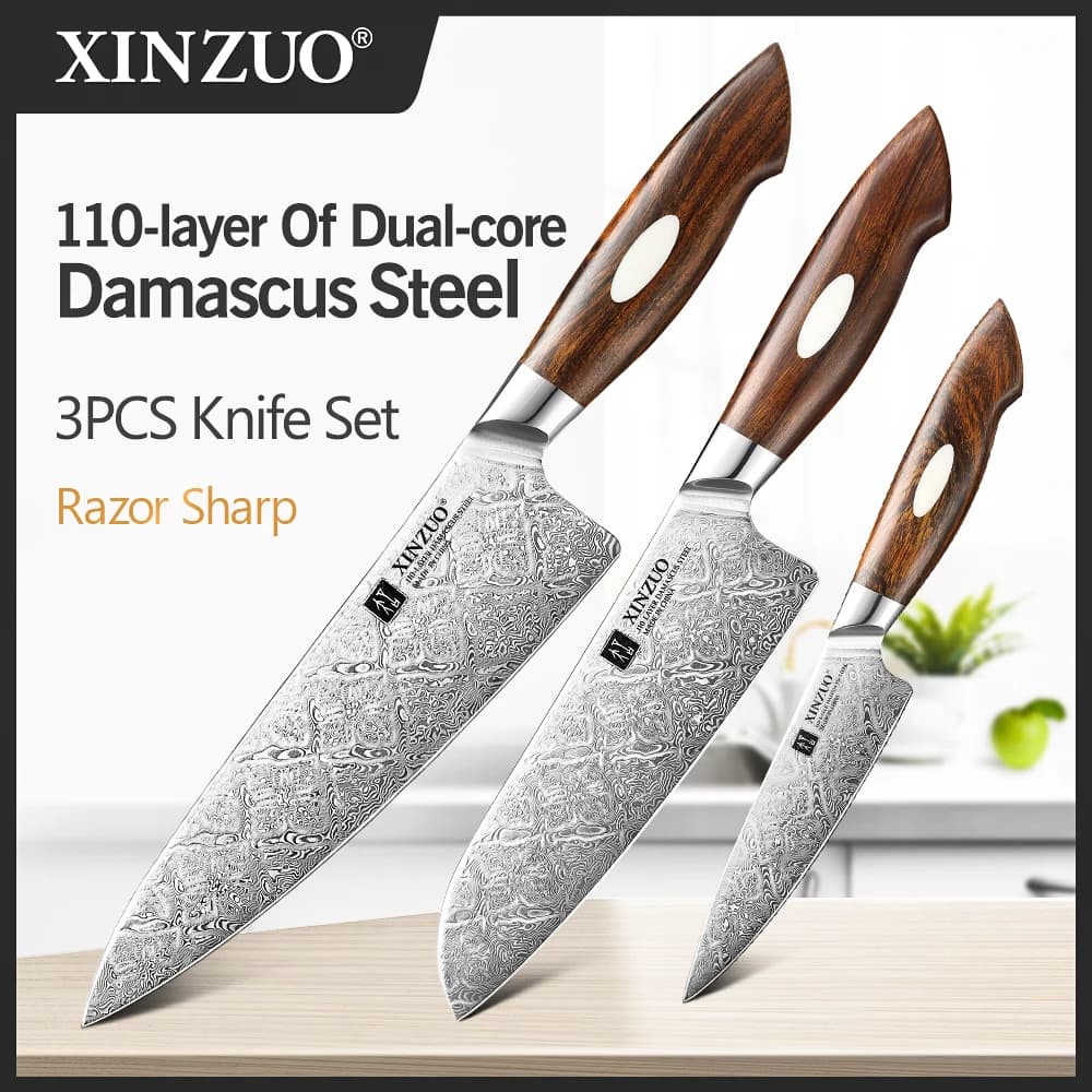 Set di Tre Coltelli da Cucina XINZUO, 110 Strati di Acciaio Damascato a Doppio Nucleo, 58-62 HRC, Set di Coltelli Chef, Santoku e Multiuso