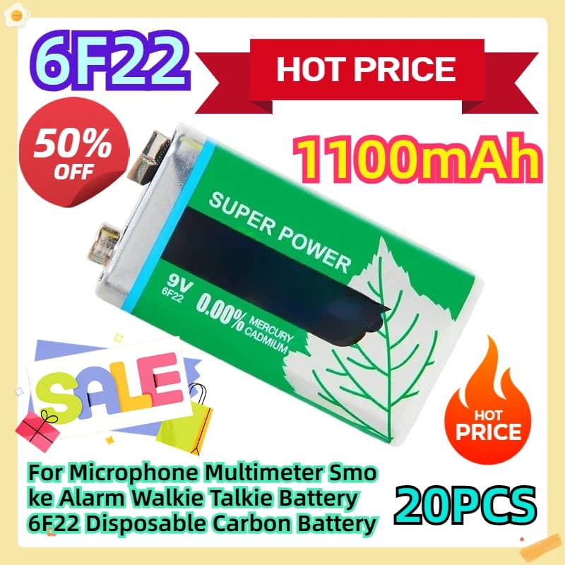 Batteria al Carbonio Monouso 6F22 da 1100mAh per Microfoni, Multimetri, Rilevatori di Fumo, Walkie Talkie - Confezione da 20 Pezzi