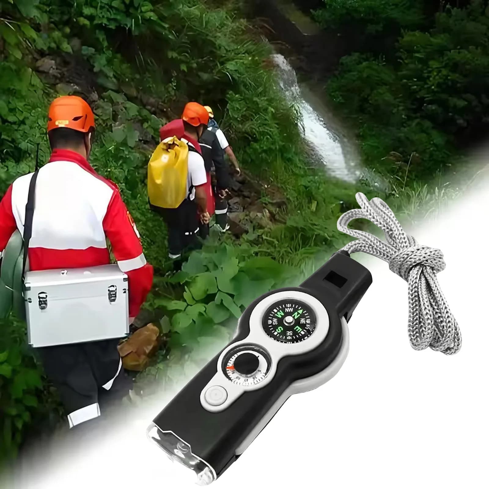 Fischietto di Sopravvivenza 7-in-1 con Luce LED e Termometro, Attrezzatura Multifunzionale per Emergenze all'Aperto, Escursionismo e Campeggio