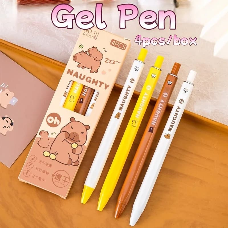 Set di 4 Penne Gel a Tema Capibara, Design Cartoonesco, Inchiostro Nero, per Studenti, Scrittura Fluida, Retrattili