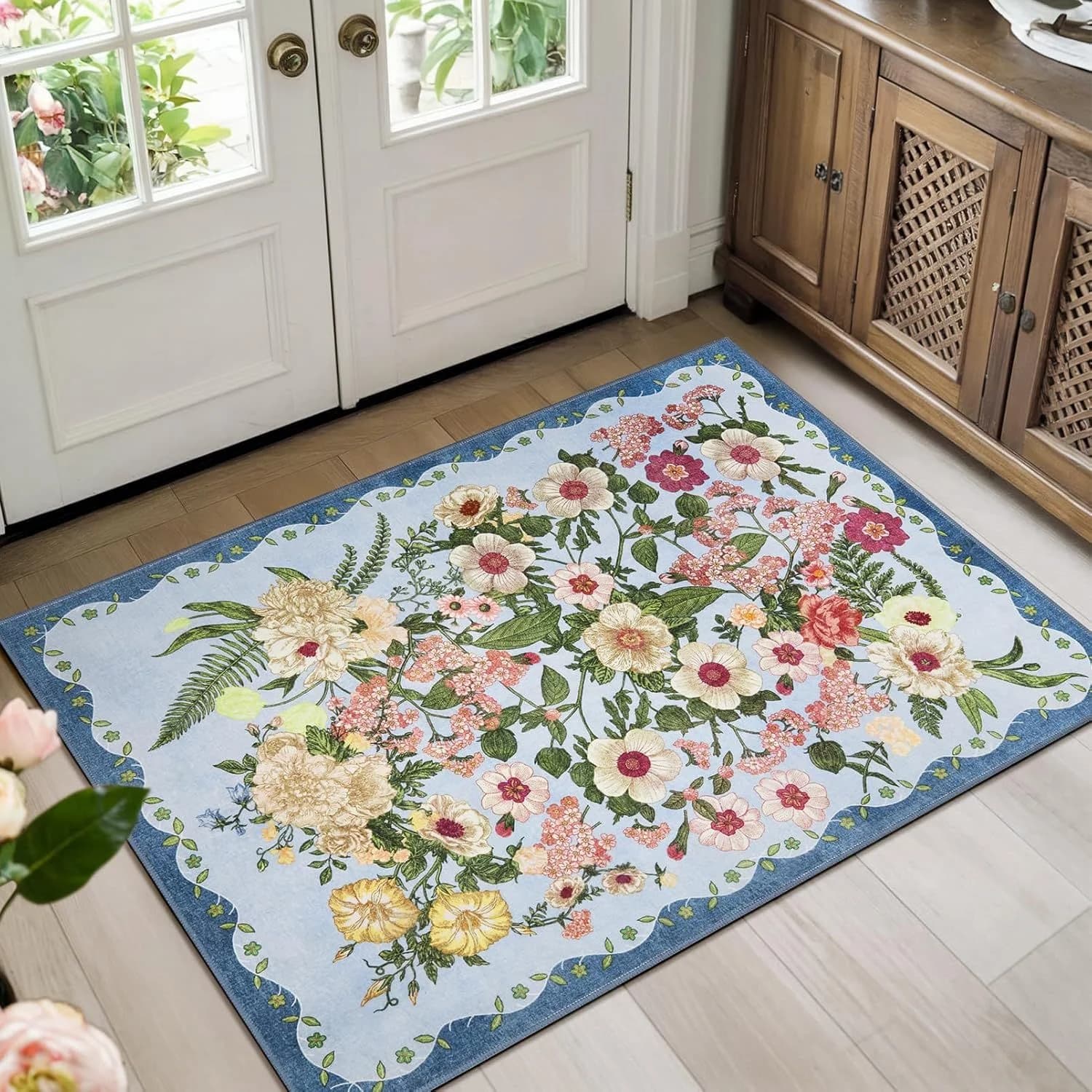 VIKAMA French Style Garden Flower Pattern Mat Non Slip Anti Fatigue Washable Floor Rug for Indoor Use Home Decor