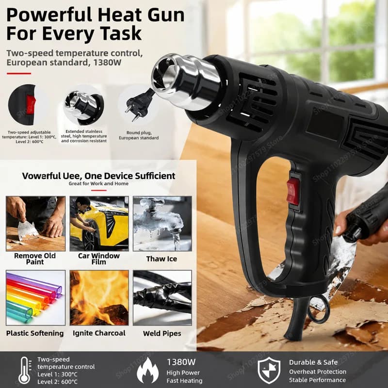 Two-Level Temperature Adjustment Professional Heat Gun, Suitable For Home DIY Removal Of Paint And Plastic Heat Shrink Film.