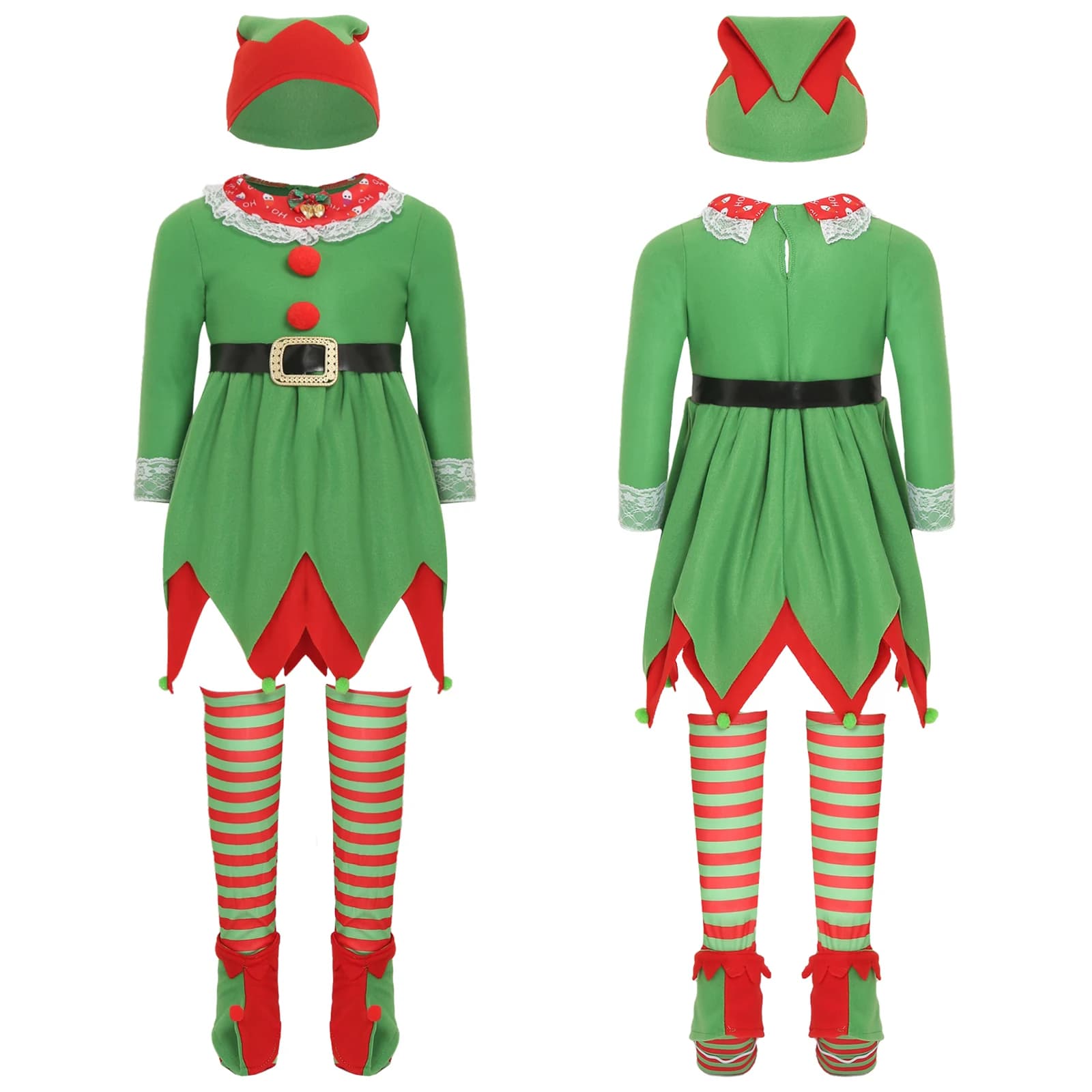 Christmas elf costume for girls, long sleeved lace decorative dress with hat, belt, sock, shoe covers for Christmas party cosplay shows