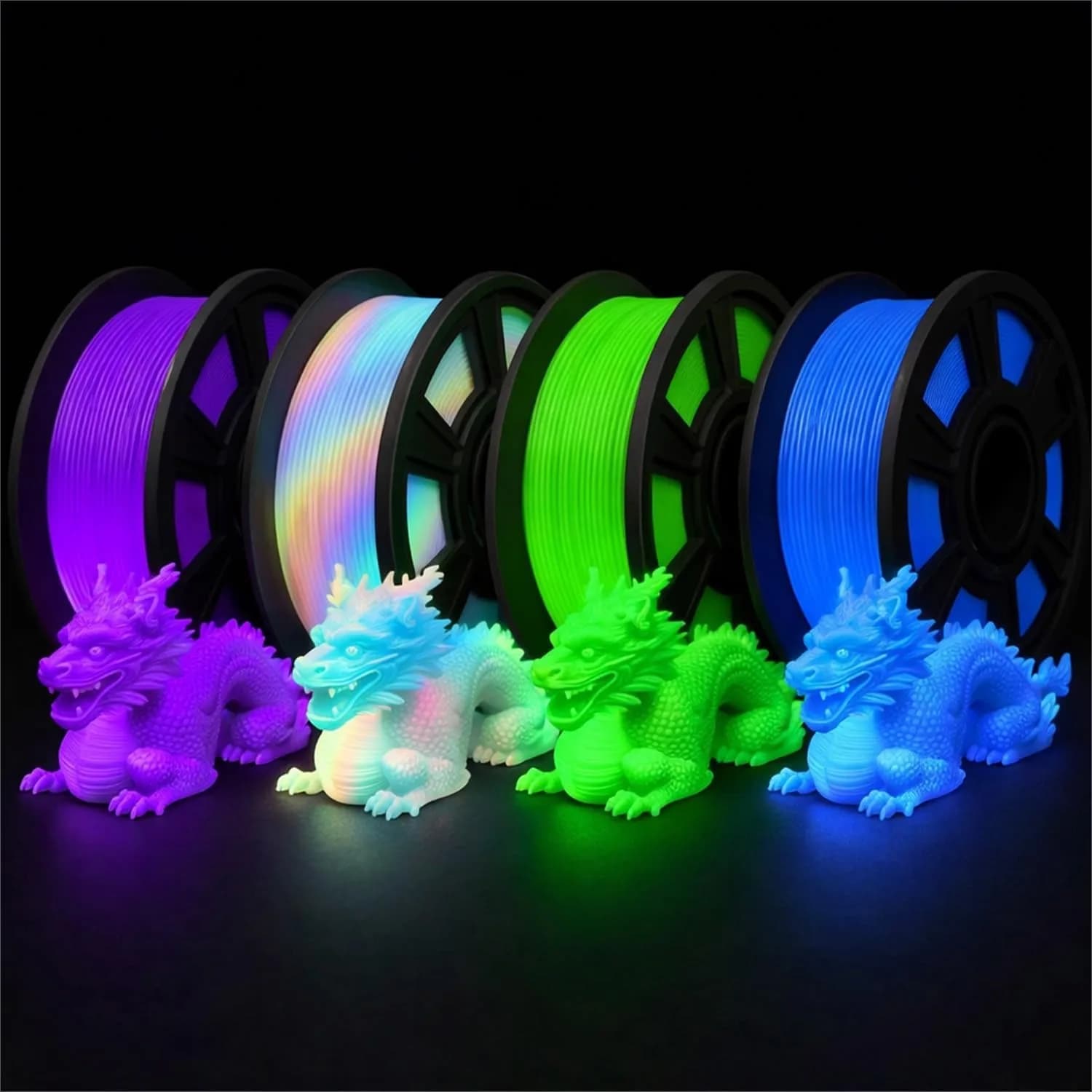 Set di filamenti per stampante 3D, PLA multicolore fosforescente da 1,75 mm, 4 bobine da 250 g per progetti notturni