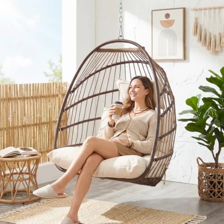 Foldable egg-shaped chair with no support, 350 pounds, durable rattan wicker, patio hanging chair with padded cushion, comfortable hamaca basket