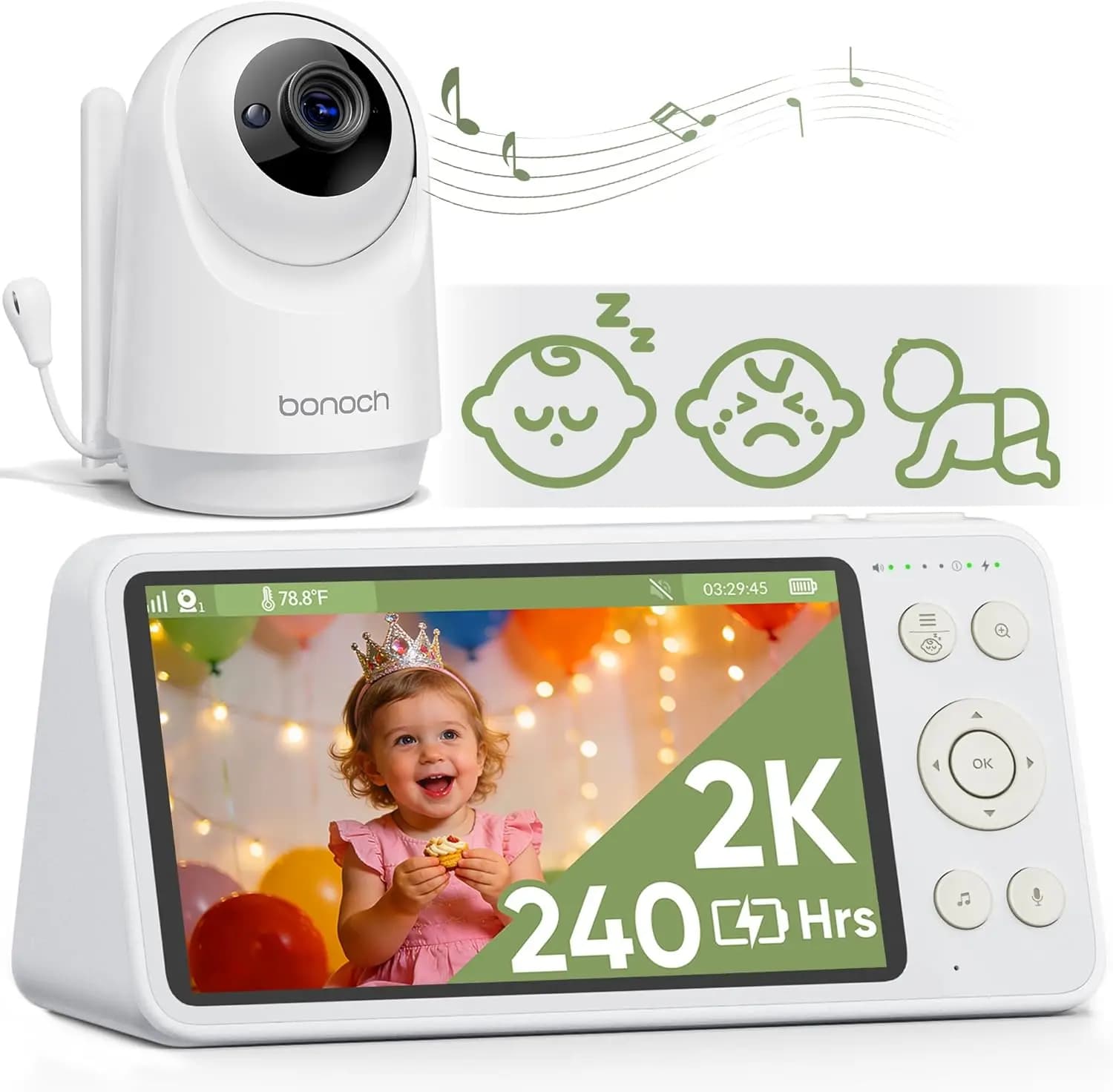 Baby Monitor 2K con Telecamera, Schermo da 5.5'', Batteria da 240h, Lunga Portata, Rilevamento Pianto/Movimento, Visione Notturna