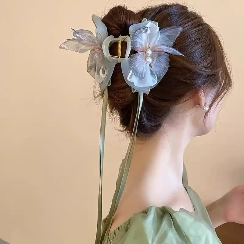 Sweety Fairy Butterfly Hair Claw For Women Elegant Gauze Tassel Bowknot Shark Gripper Clip Handmade Cloth Hairpin Hair Accessory