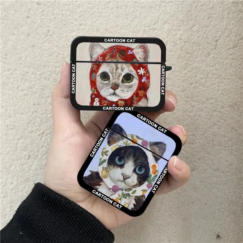 INS Korean Cartoon Oil Painting Cat Case For Airpods 1 2 3 4 Pro Wireless Headphone Cover For Air Pods Pro2 Accessories