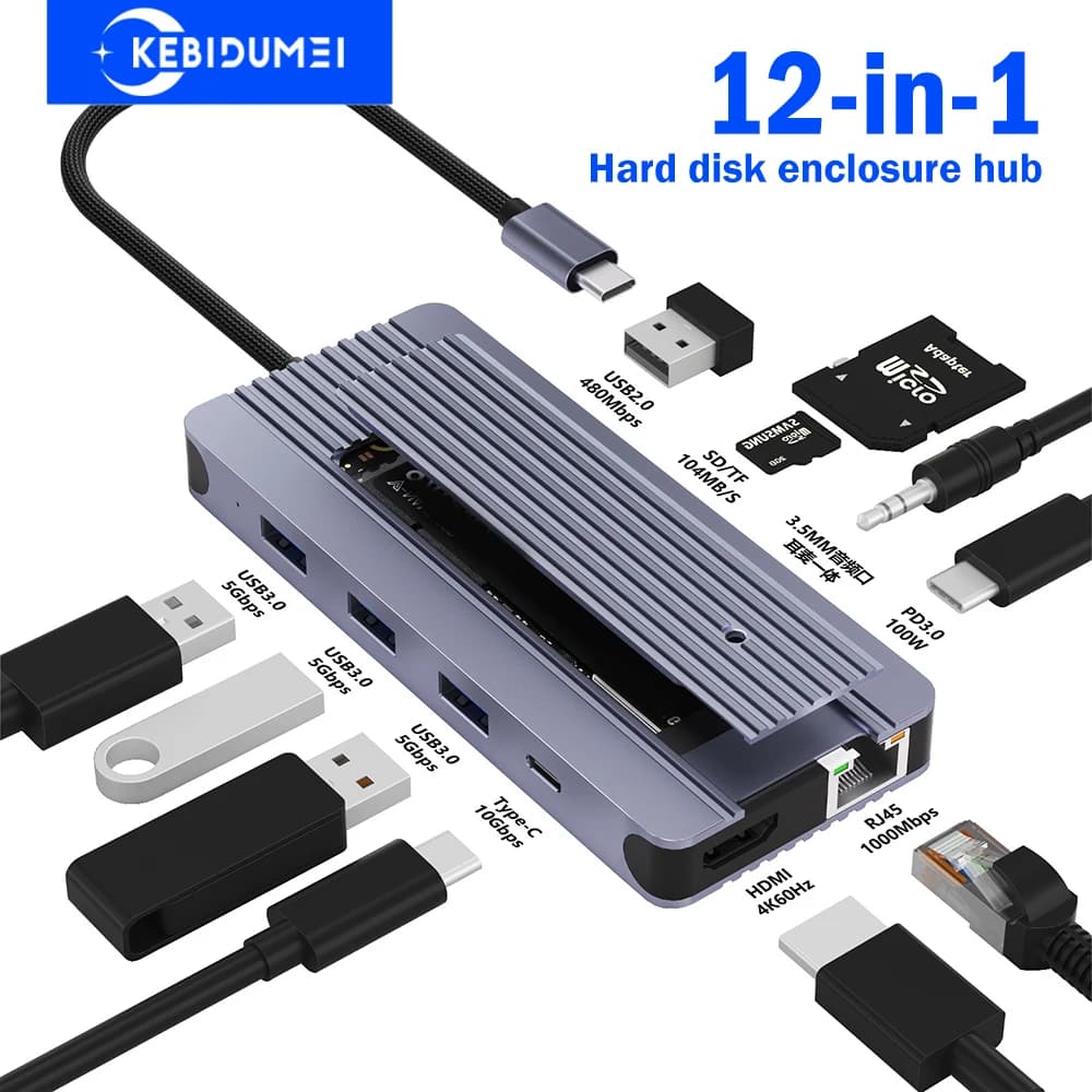 Hub per custodia SSD M.2 12 in 1 Docking station USB C Adattatore USB Husb TIPO C a HDMI 4K60Hz 1000Mbps PD100W USB3.0 per MacBook