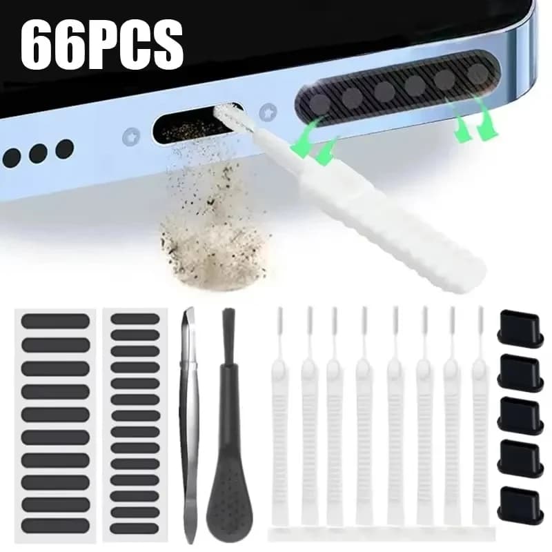 Kit di pulizia per porta di ricarica telefono e auricolari da 66 pezzi, con spazzola e strumenti per la pulizia di altoparlanti e tappi antipolvere per iPhone/Xiaomi/Huawei