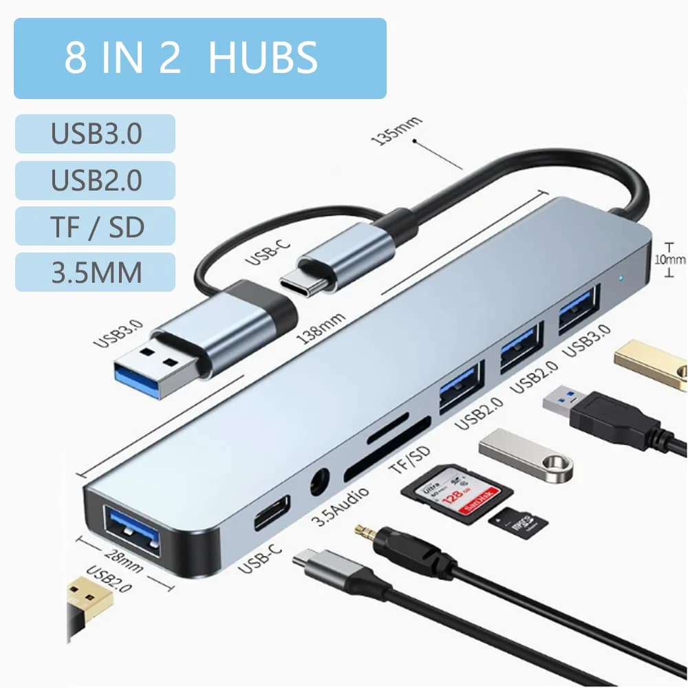 Hub USB C, Splitter USB 8in1 7in1 7in2 3in1, Estensore USB con 4 Porte USB, 1 Porta USBC, Lettore di Schede TF/SD, Uscita Audio Compatibile