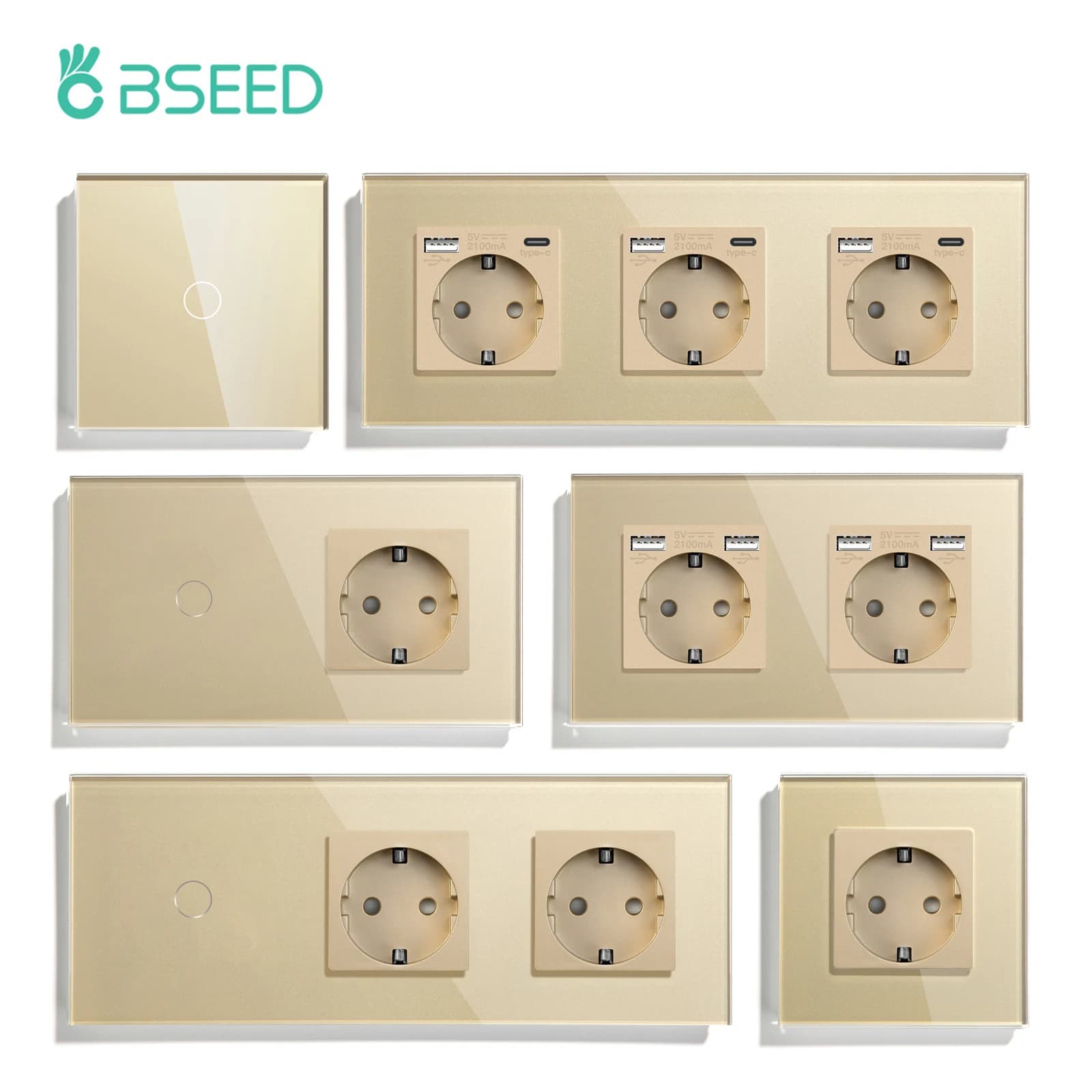 BSEED EU wall socket Single current socket Double glass frame USB charging ports Type-C triple grip plug Children protection 16A