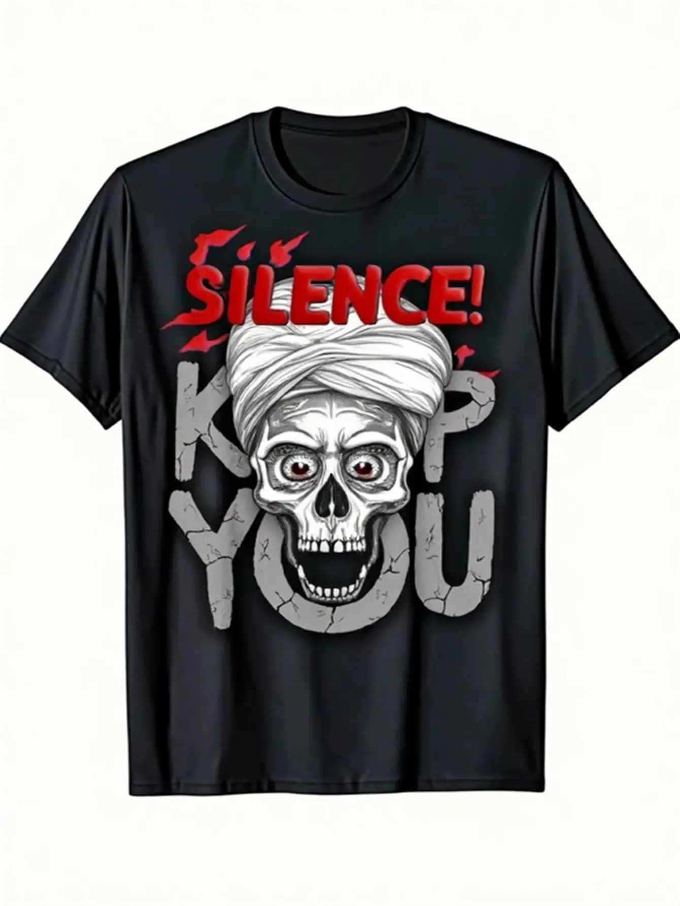 T-shirt grafica di Halloween da uomo T-shirt nera Testo rosso silenzioso Robusto design a teschio Camicia morbida e traspirante adatta per feste in costume, abbigliamento casual, abbigliamento gotico tagliente Regalo di Halloween da uomo