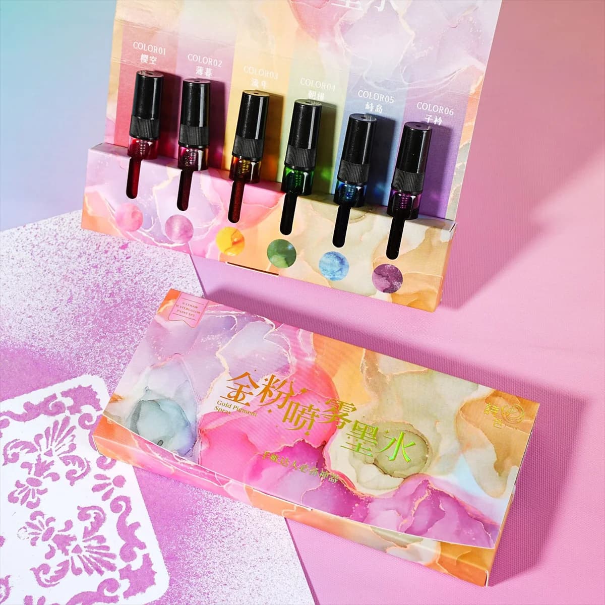 Set of 6-piece golden powder spray inks: vibrant color stackable tones for graffiti, manual artistic decorations and creation of DIY invitations