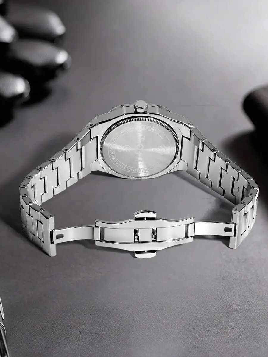 TOMI Men's Quartz Watch Set With Logo Pin, Ring, Square Dial, Rhinestone Markers, Calendar, Business Style, Gift Box Suitable