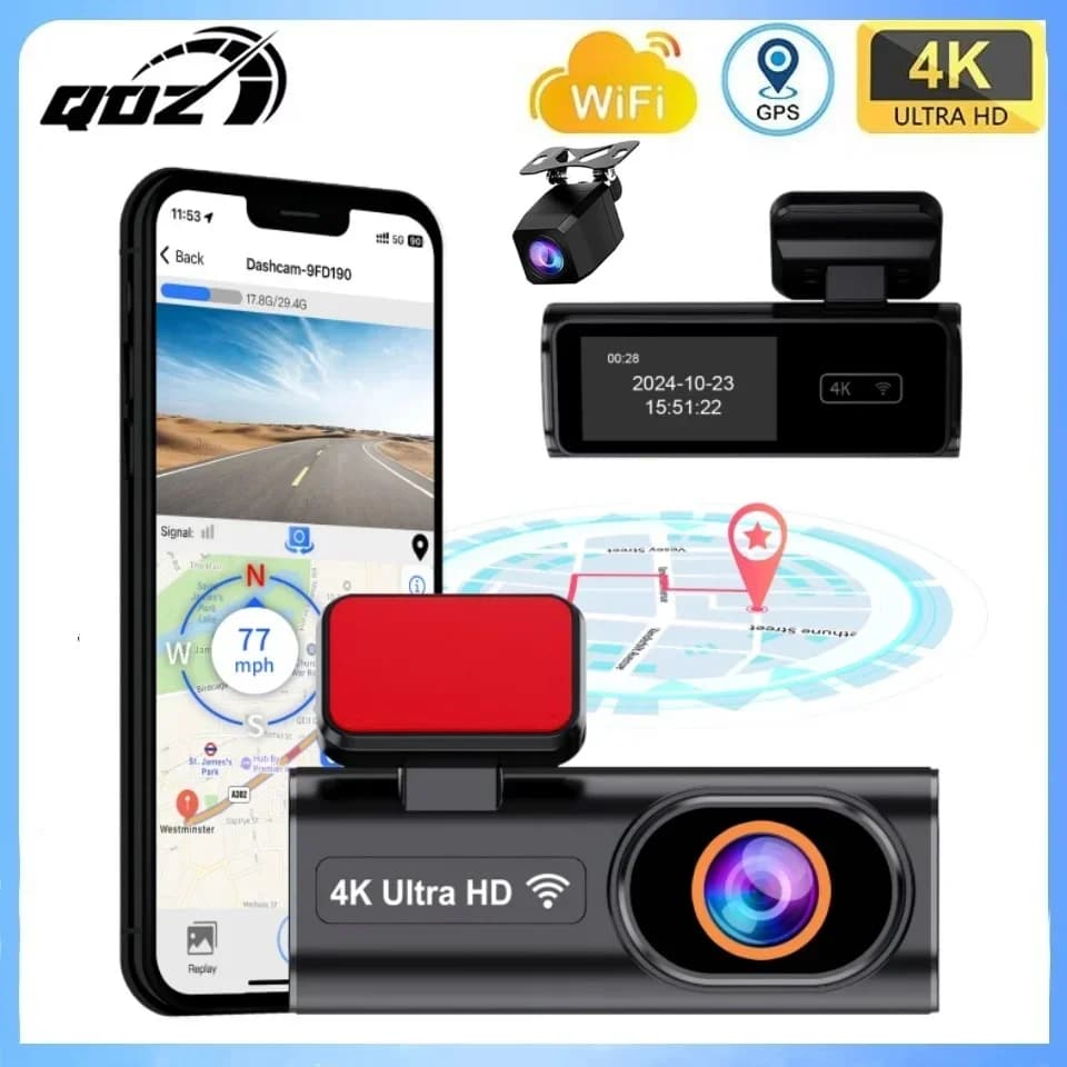 QOZ Dash Cam Double Lenten 4K UHD Recording Car Camera DVR Video Recorder for Night Vision Integrated GPS Wi-Fi Support 24H Parking