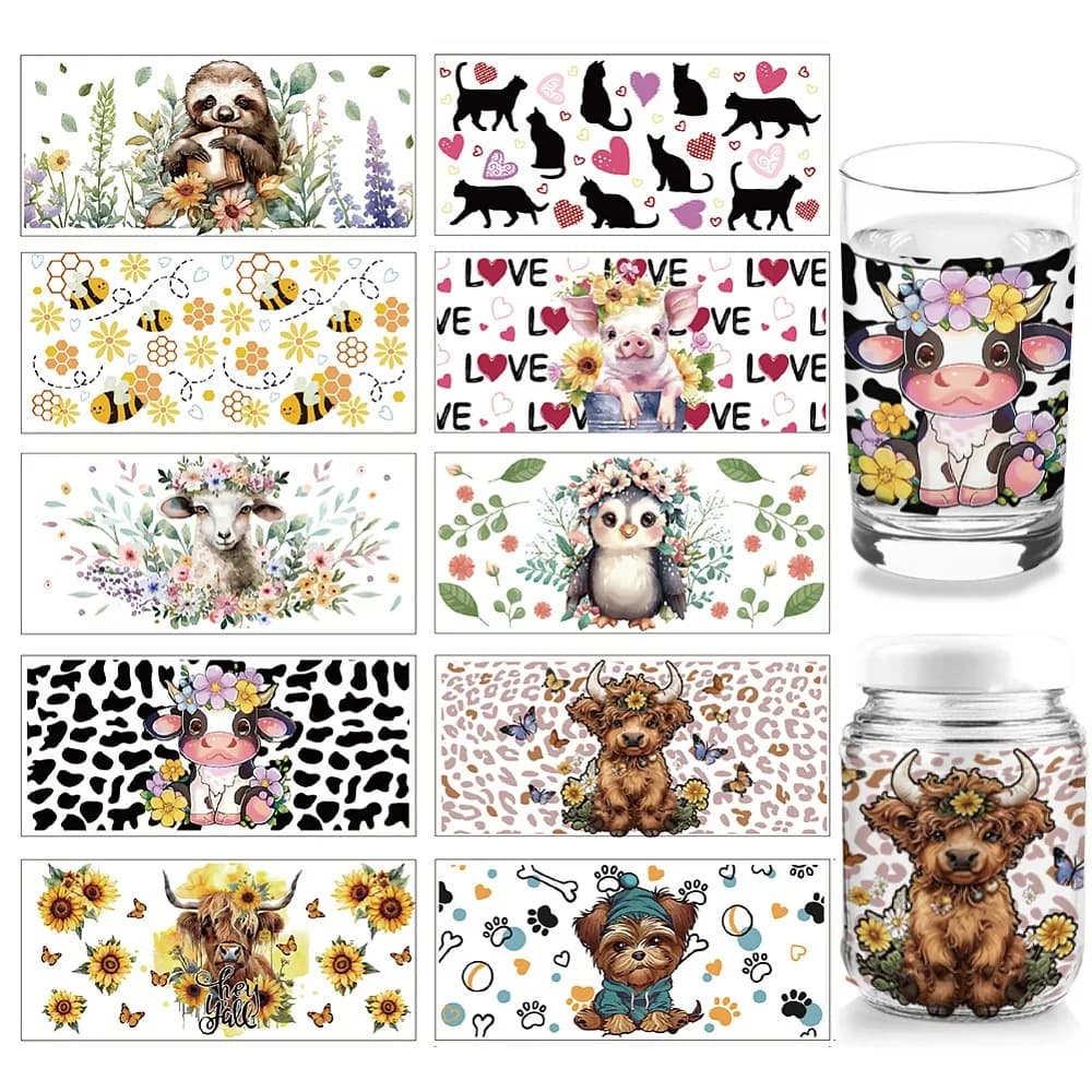 PVC DIY Heat Transfer Paper for UV Sublimation Cup Animals 110x240mm 10 style 1pc/style 10pcs/set