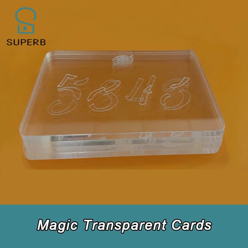 Superbi oggetti di scena della stanza di fuga Magic Transparent 4 carte e carte in pile fino a conoscere la password Carta magica acrilica 1987 foglio di plastica trasparente