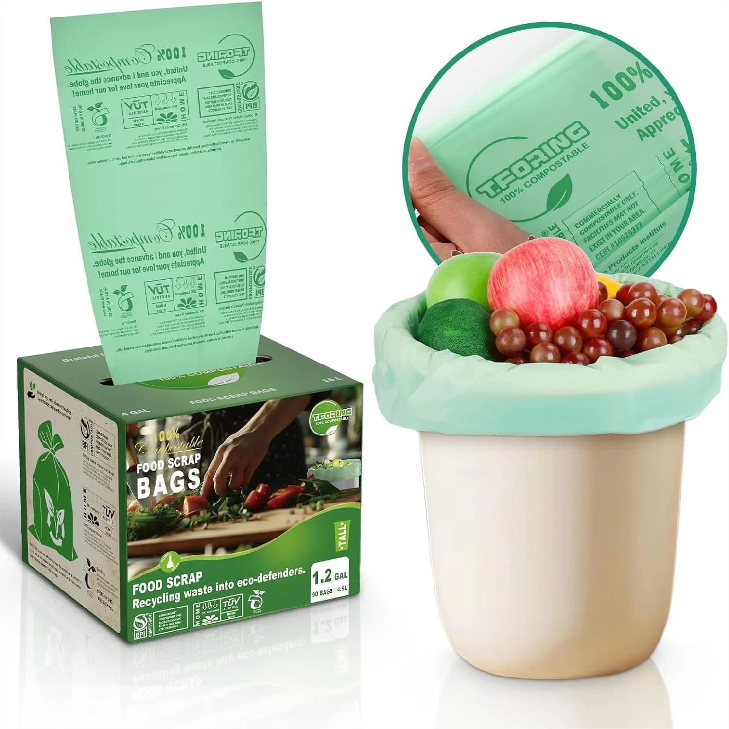 Sacchi per Compost da 1,2 Galloni, 4,5 Litri, 0,8 Mil, 80 Pezzi, Sacchetti per Rifiuti Alimentari da Cucina per Contenitore da Bancone