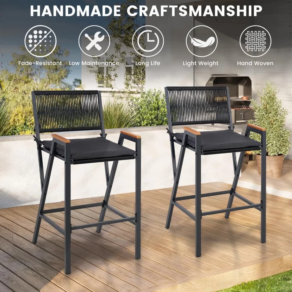 Bar Stool in Vimini with U.S. Shipping, Patio and Pub Chair with Bearing, Modern Metal Stool in Rattan Braided for All Seasons