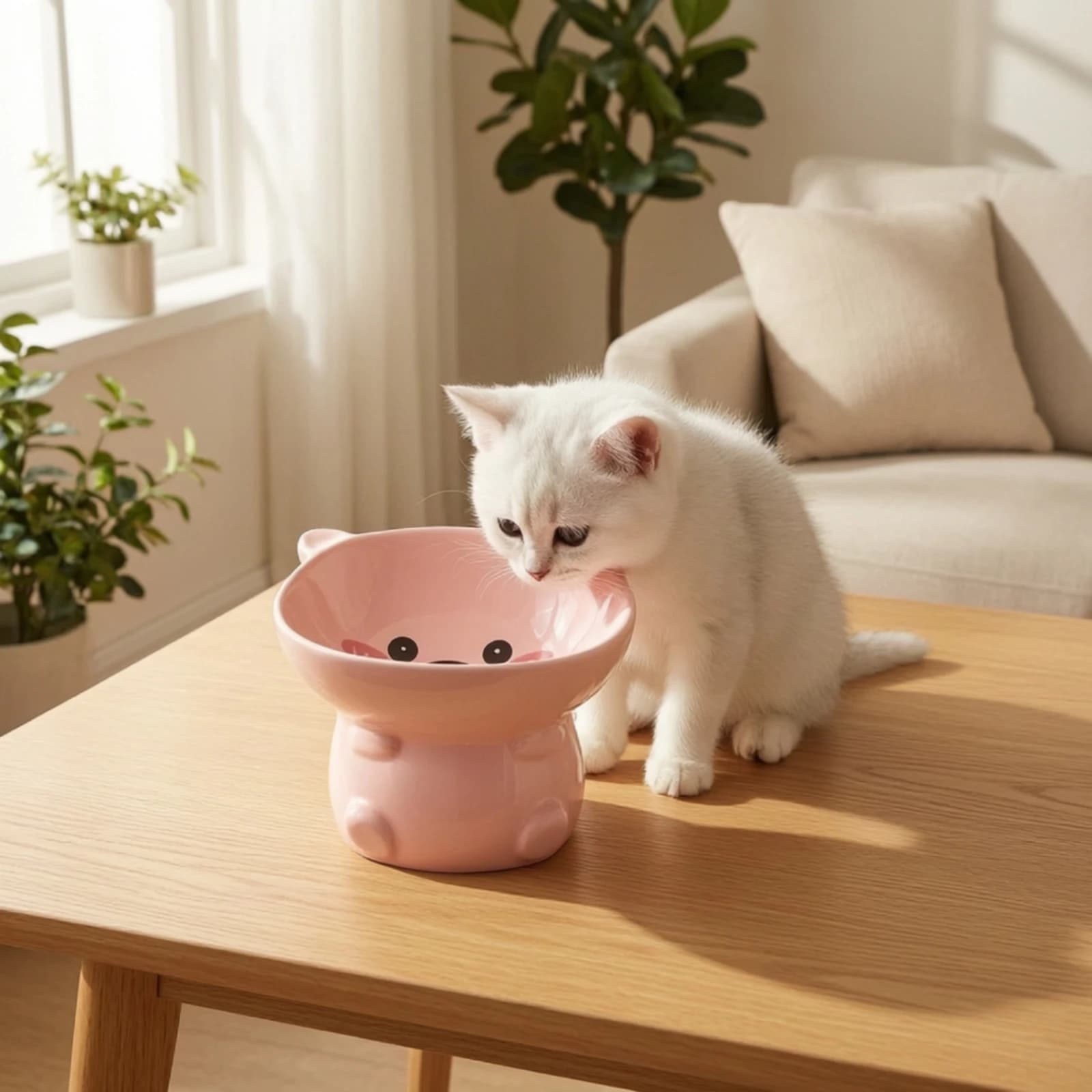 Ceramic Cat Bowl Ergonomic Design Cartoon Pet Dish Raised Cat Bowl Easy to Clean Tilted Pet Food Dish Long-Lasting
