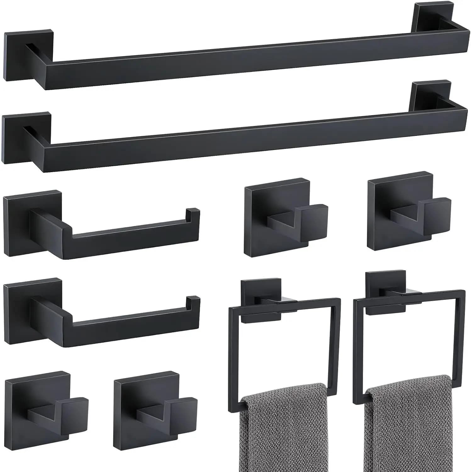 Set di accessori per il bagno da 10 pezzi nero opaco, acciaio inossidabile SUS304, portasciugamani a parete