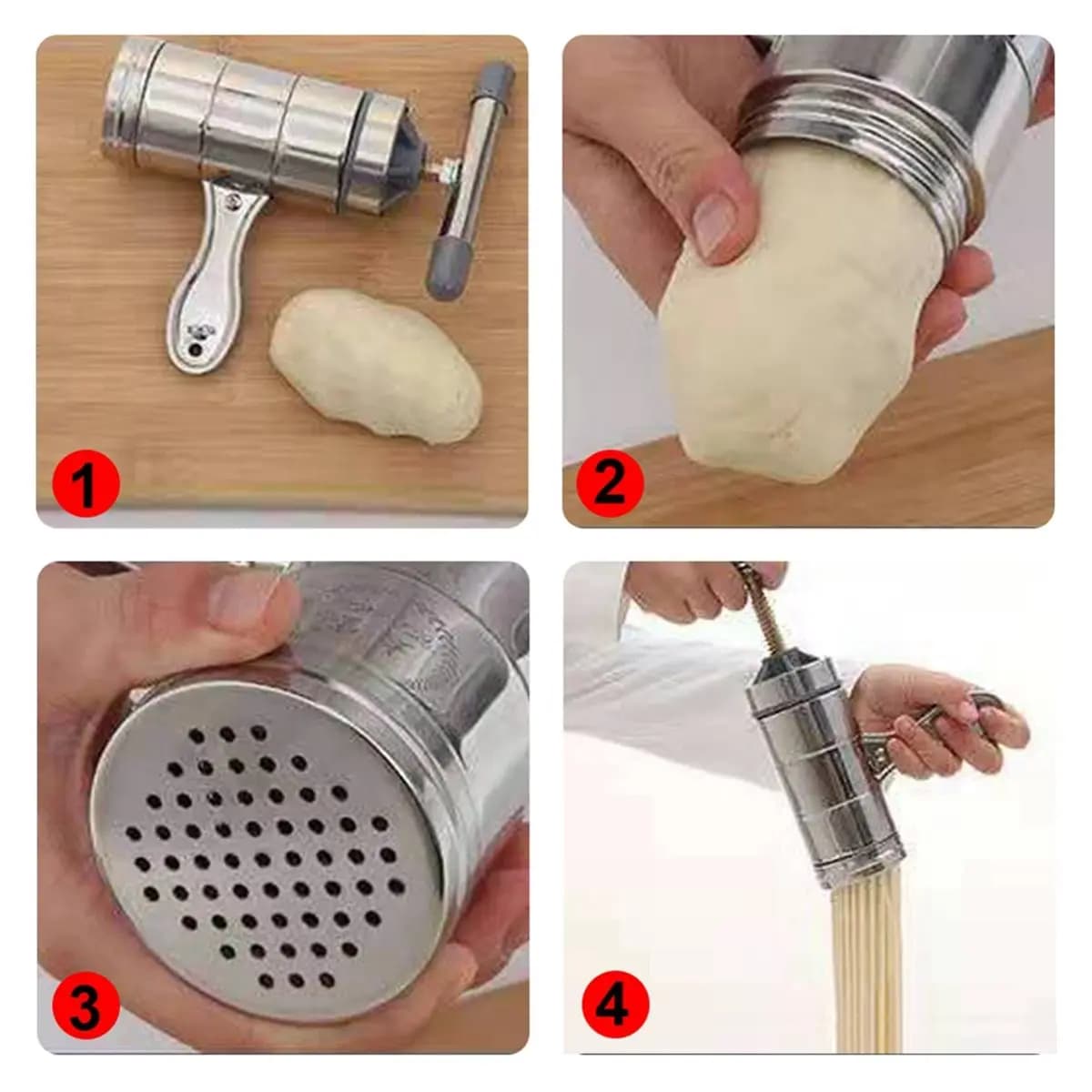 (A61K) Macchina per Pasta Manuale Multifunzione in Acciaio Inox con 5 Stampi per Spaghetti e Spremiagrumi