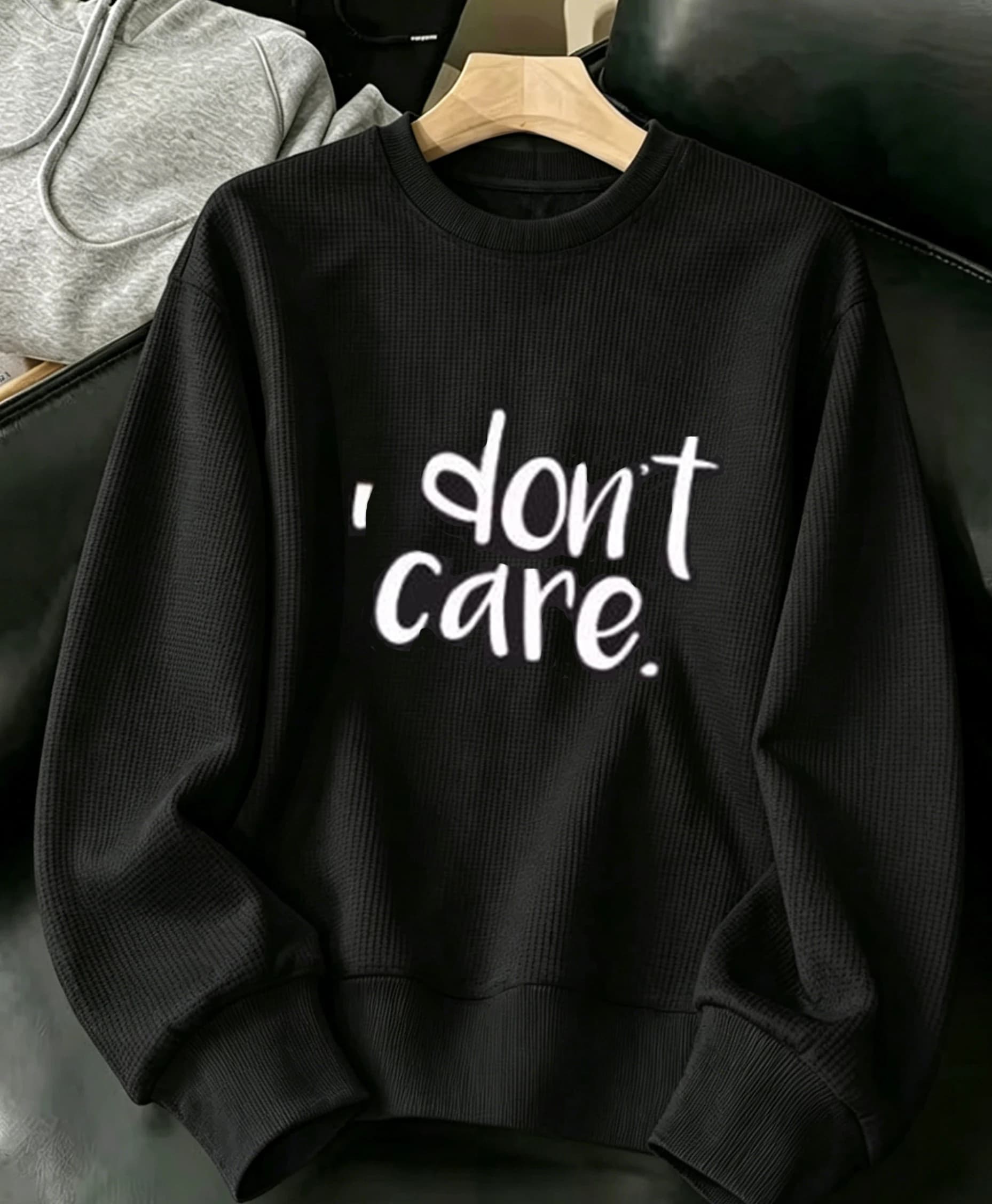 Women's Black Waffle Crewneck Sweatshirt, "I Don't Care" Print, Graffiti Letter Casual Tops