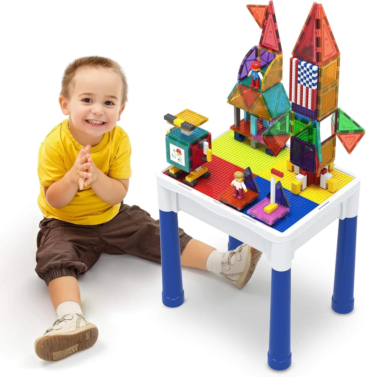 Tavolo attività da 316 pezzi con piastrelle magnetiche e blocchi di mattoni da costruzione, tavolo da gioco con Action figure magnetiche e spazio di archiviazione