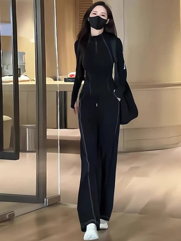 Completo Sportivo Casual da Donna per Corsa all'Aperto, Set Due Pezzi Autunnale con Cardigan Nero Aperto a Vita Alta e Pantaloni a Gamba Larga