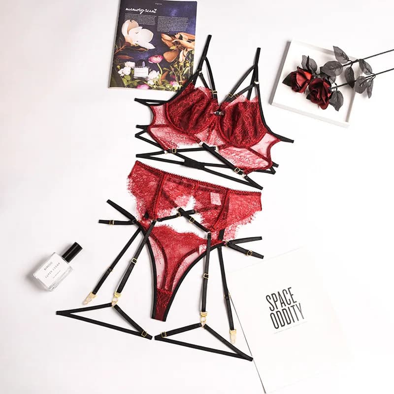 Nuovo pizzo Sexy Lingerie trasparente Hot Porno pizzo biancheria intima erotica reggiseno Set e giarrettiera Hot Erotic Sleepwear