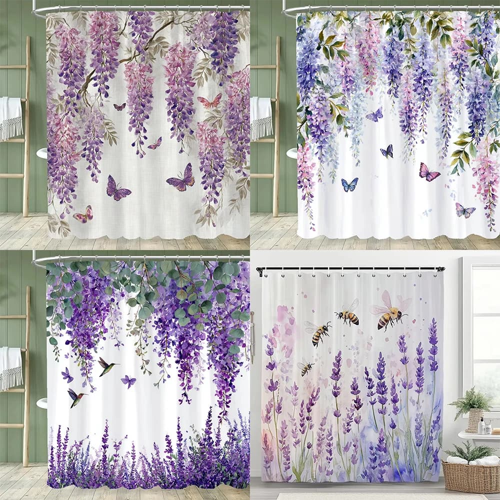 1 tenda da doccia in poliestere con stampa floreale viola, con 12 ganci in plastica, tenda divisoria per bagno, tenda decorativa per la casa