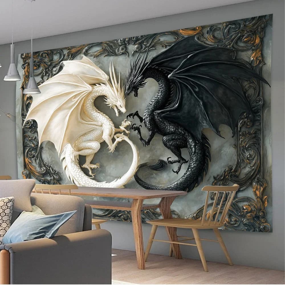 Stunning Black and White Dragon Tapestry Wall Hanging - High Quality Polyester, Exquisite Dragon Pattern, Office Tapestry