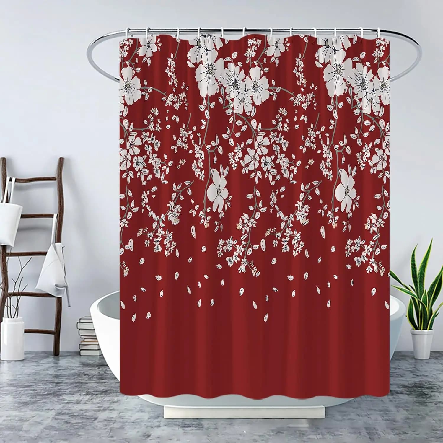 Tenda da doccia floreale rosso bordeaux Fiore piangente Retro elegante botanico da donna Fiore di vite Petali carini Bagno d'arte estetica