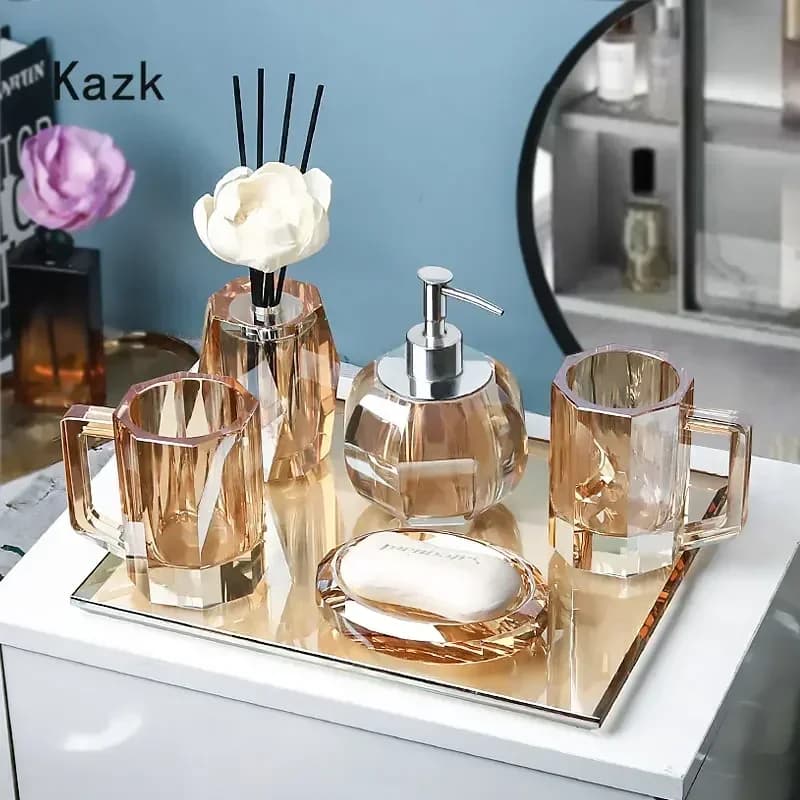 Accessori per la decorazione del bagno in vetro di cristallo Tazza di vetro di lusso leggera Porta spazzolino Bottiglia di sapone Set di accessori per il bagno Vassoio