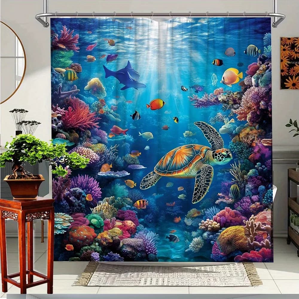 Tartaruga marina Barriera corallina Tenda da doccia Arte dell'oceano Decorazioni per il bagno Tende da bagno con pesci tropicali Interni moderni per la casa